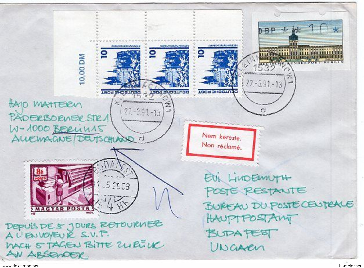 50291 - Bund - 1991 - 3@10Pfg Deutsche Post MiF A. Bf. KLEINMACHNOW -> BUDAPEST (Ungarn), M. 8 Ft. Nachporto - Strafport