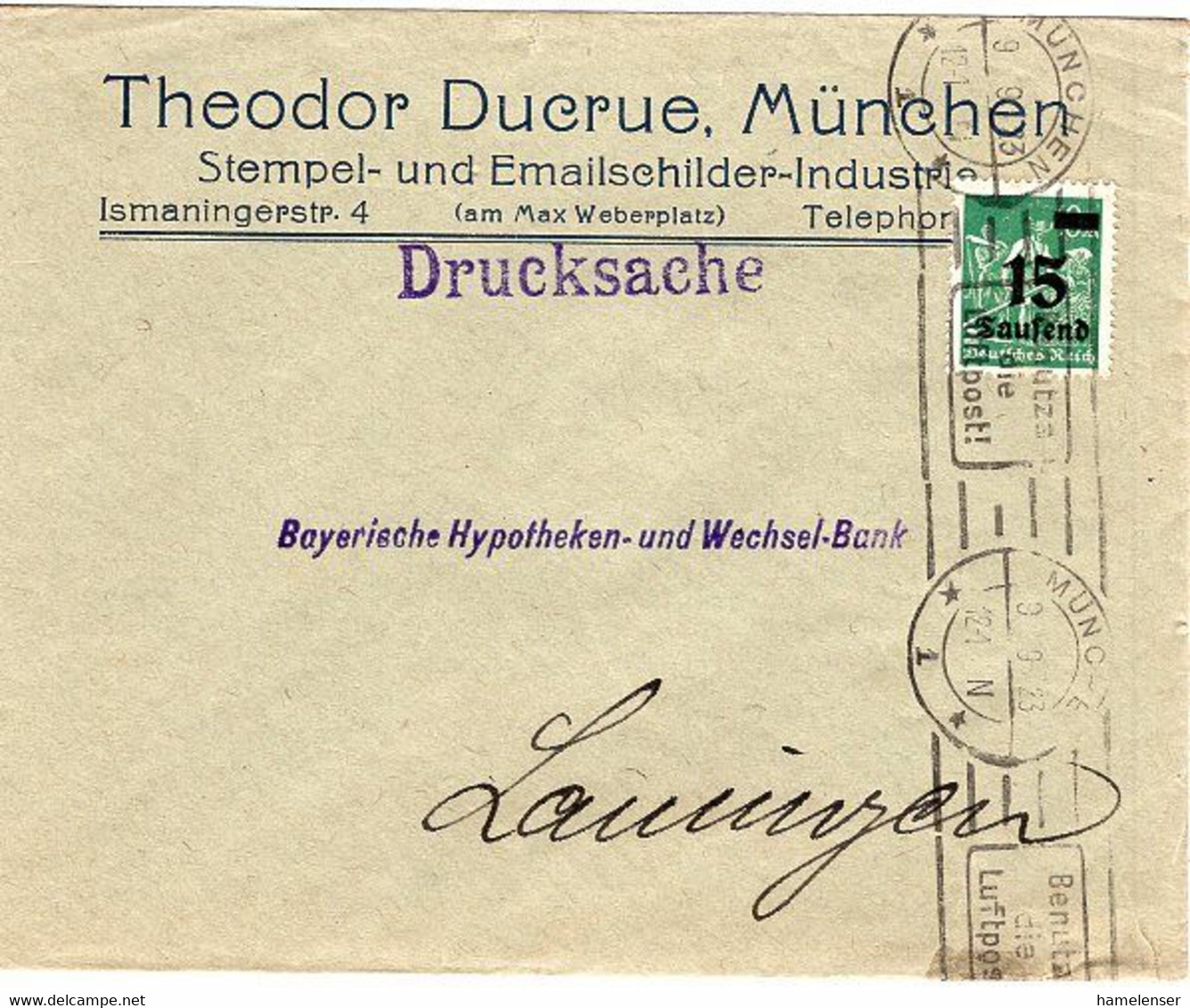 50295 - Deutsches Reich - 1923 - 15.000 EF A. DrucksBf. MUENCHEN -> Lauingen - Briefe U. Dokumente