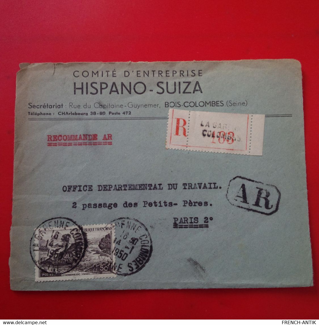 LETTRE RECOMMANDE LA GARE COLOMBES HISPANO SUIZA SUR SEINE POUR PARIS - Cartas & Documentos