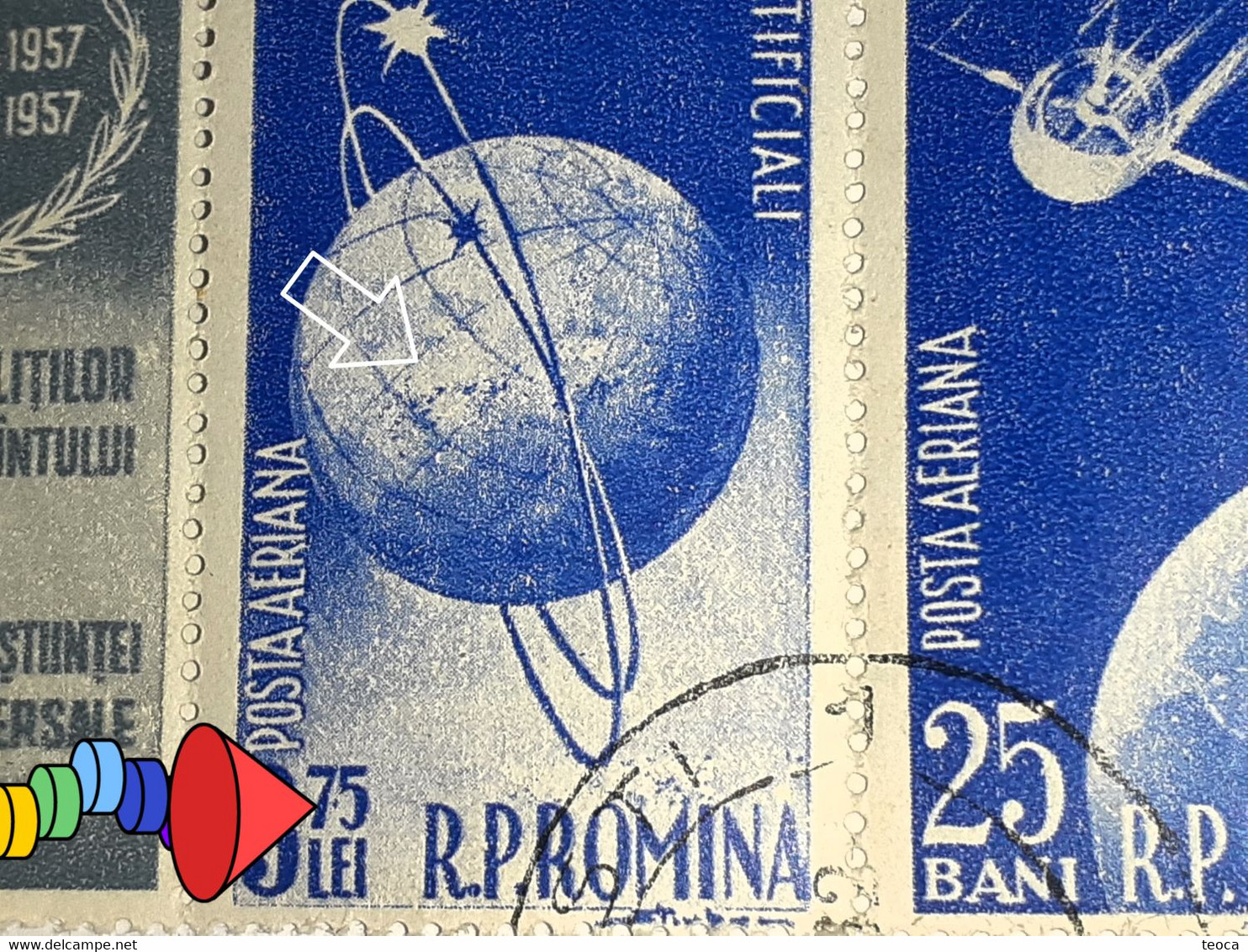 Errors Romania 1957 # Mi 1678, Mi1680  Artificial Satellites, Space, Cosmos, Printed Point After 7 Inverted Watermark - Abarten Und Kuriositäten