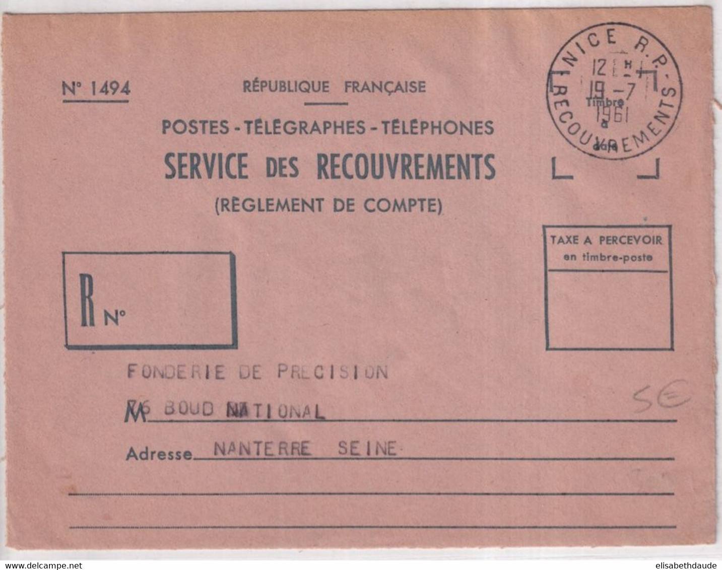 1961 - ENVELOPPE De SERVICE PTT Des RECOUVREMENTS De NICE - CACHET ! - Burgerlijke Brieven Zonder Portkosten
