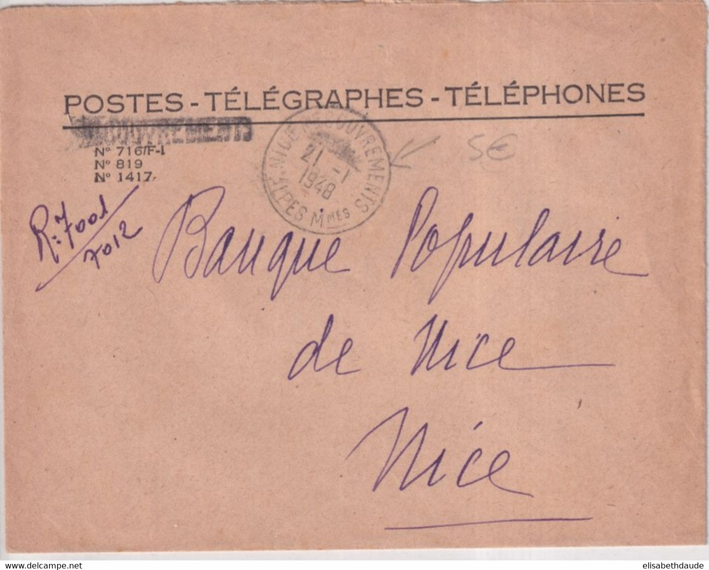 1948 - ENVELOPPE De SERVICE PTT Des RECOUVREMENTS De NICE - CACHET ! - Frankobriefe