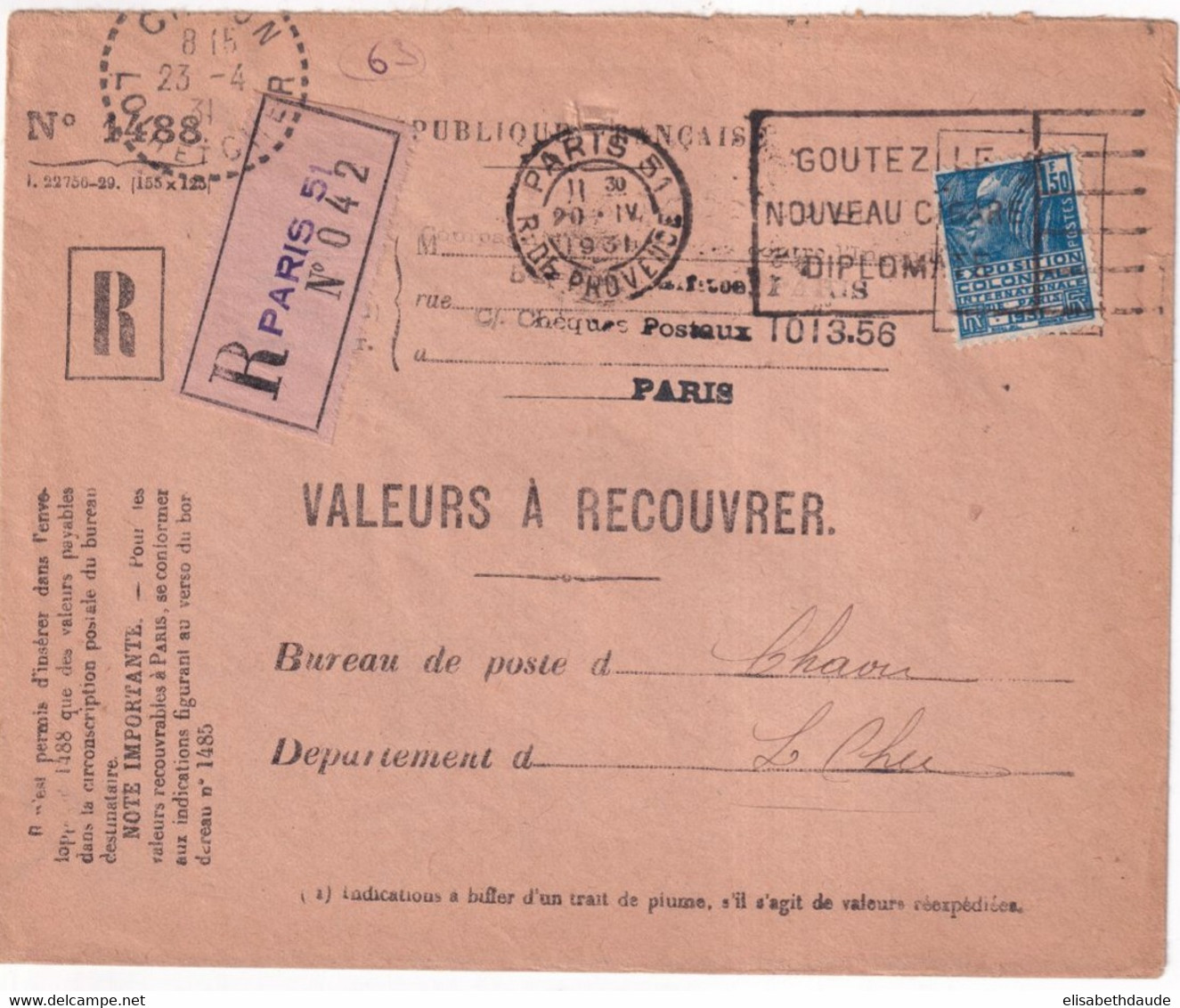 1931 - EXPO 31 SEUL Sur ENVELOPPE COMPLETE ! De SERVICE PTT Des RECOUVREMENTS De PARIS => CHAON - Storia Postale