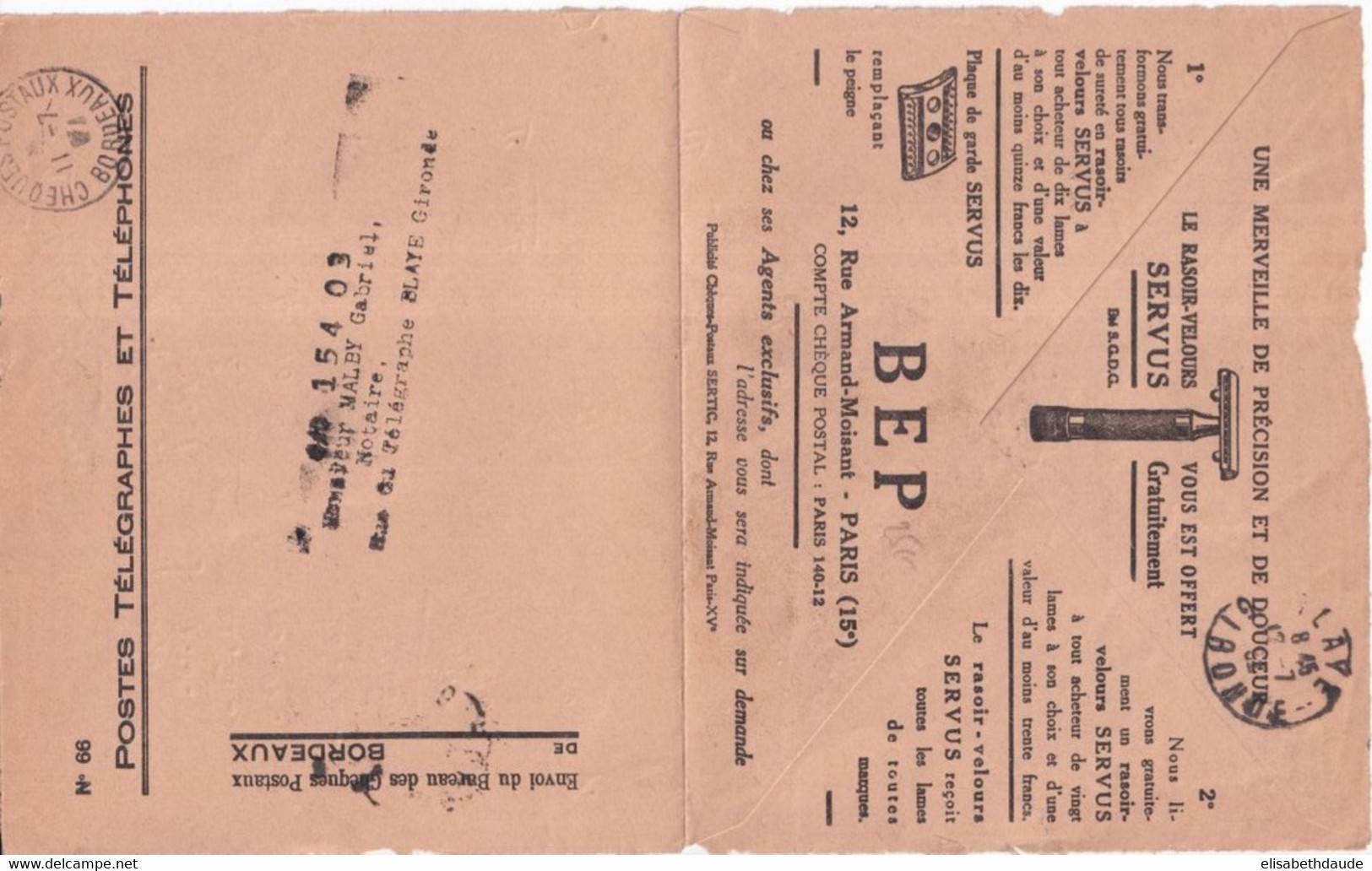 1932 - PUBLICITE BEP ! Sur ENVELOPPE Des CHEQUES POSTAUX PTT De BORDEAUX (CACHET à DATE !) => BLAYE - Civil Frank Covers