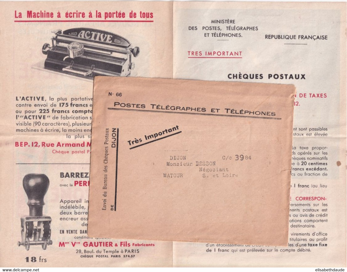 1932 - PUBLICITE BEP ! Sur ENVELOPPE Des CHEQUES POSTAUX PTT De DIJON (COTE D'OR) - Frankobriefe