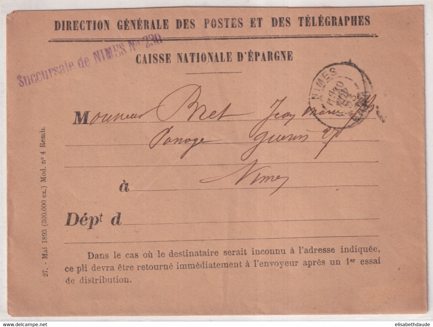 1893 ! - ENVELOPPE De SERVICE De La CAISSE NATIONALE D'EPARGNE Des POSTES De NIMES (GARD) - Lettres Civiles En Franchise