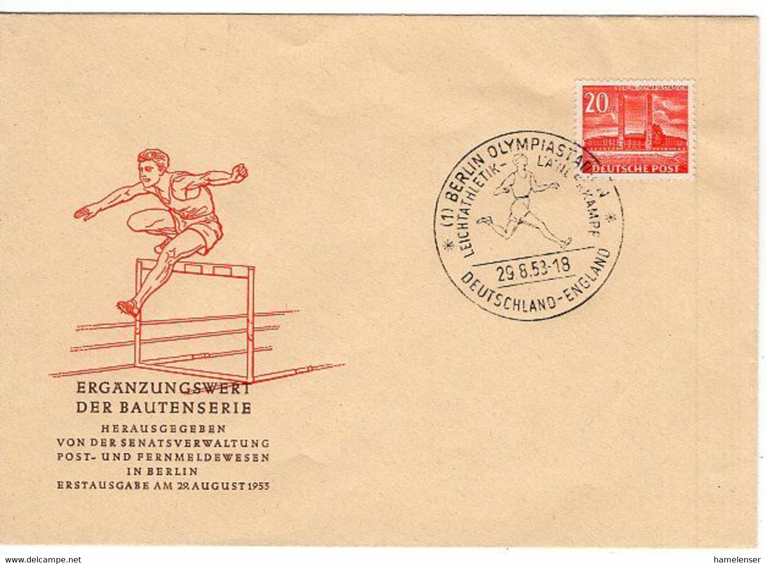 50299 - Berlin - 1953 - 20Pfg. Olympia-Stadion A. FDC M. SoStpl. BERLIN ... - LEICHTATHLETIK-... DEUTSCHLAND-ENGLAND - Leichtathletik