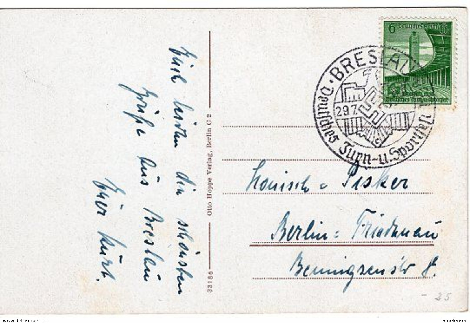 50310 - Deutsches Reich - 1938 - 6Pfg. Sportfest EF A. AnsKte. SoStpl. BRESLAU - ... TURN- U. SPORTFEST -> Berlin - Sonstige & Ohne Zuordnung