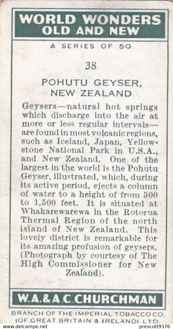 World Wonders Old & New (Unissued) - 38 Pohutu Geyser, New Zealand - Churchman Cigarette Card - Original - - Churchman