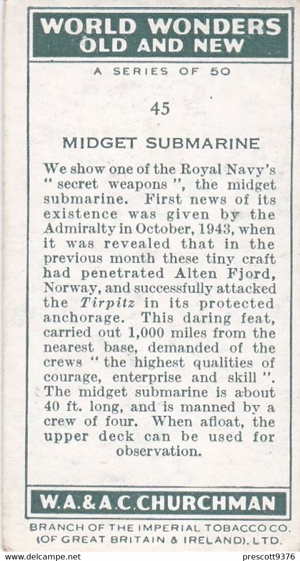 World Wonders Old & New (Unissued) - 45 Midget Submarine - Churchman Cigarette Card - Original - - Churchman