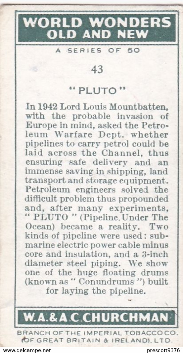 World Wonders Old & New (Unissued) - 43 Pluto Pipeline, D Day, WW2 - Churchman Cigarette Card - Original - - Churchman