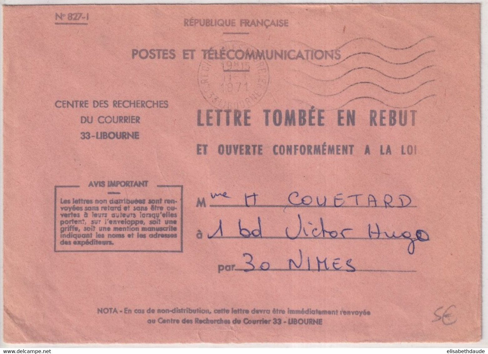 1971 - ENVELOPPE VIDE PTT Des LETTRES TOMBEES EN REBUT De LIBOURNE RECHERCHES DE COURRIER - Burgerlijke Brieven Zonder Portkosten