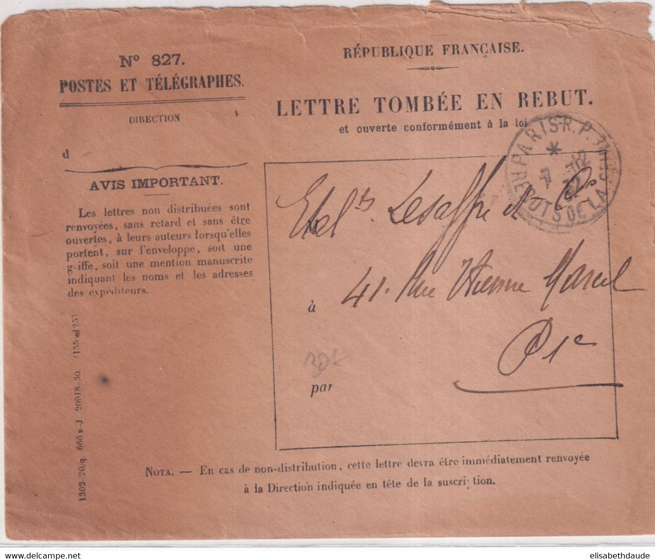 1932 - ENVELOPPE VIDE PTT Des LETTRES TOMBEES EN REBUT - CACHET RARE "REBUTS DE LA SEINE" ! - Cartas Civiles En Franquicia