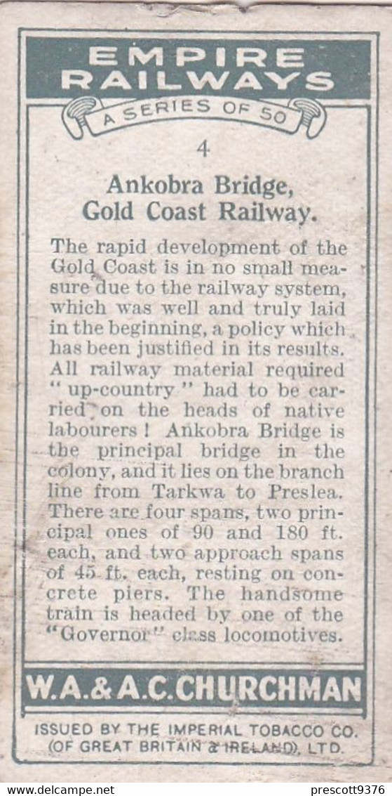 Empire Railways 1931  -  4 Ankobra Bridge, Gold Coast Railways - Churchman Cigarette Card - Original - Trains - Churchman