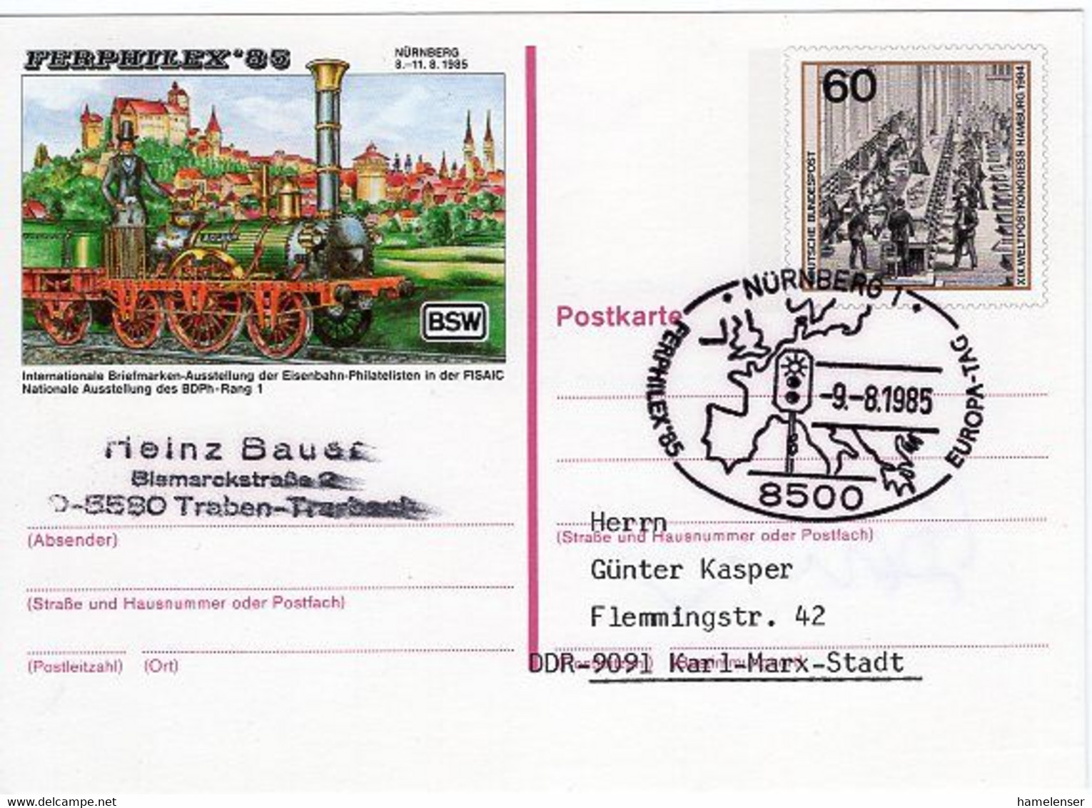 50315 - Bund - 1985 - 60Pfg. Sonder-GAKte. "FERPHILEX '85" M. SoStpl. NUERNBERG - FERPHILEX '85 -> DDR - Exposiciones Filatélicas