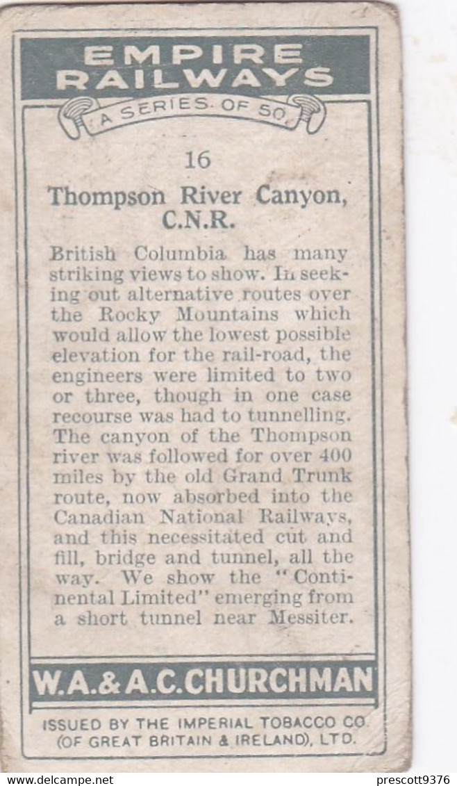 Empire Railways 1931  - 16 Thompson River Canyon, CNR  - Churchman Cigarette Card - Original - Trains - Churchman