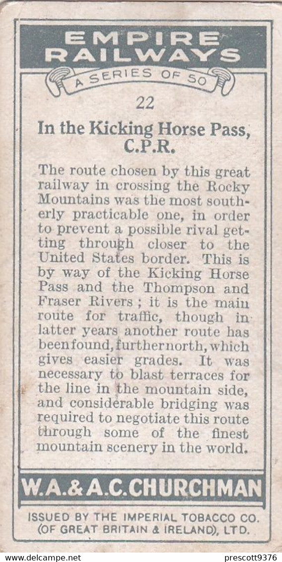 Empire Railways 1931  - 22 Kicking Horse Pass CPR  - Churchman Cigarette Card - Original - Trains - Churchman