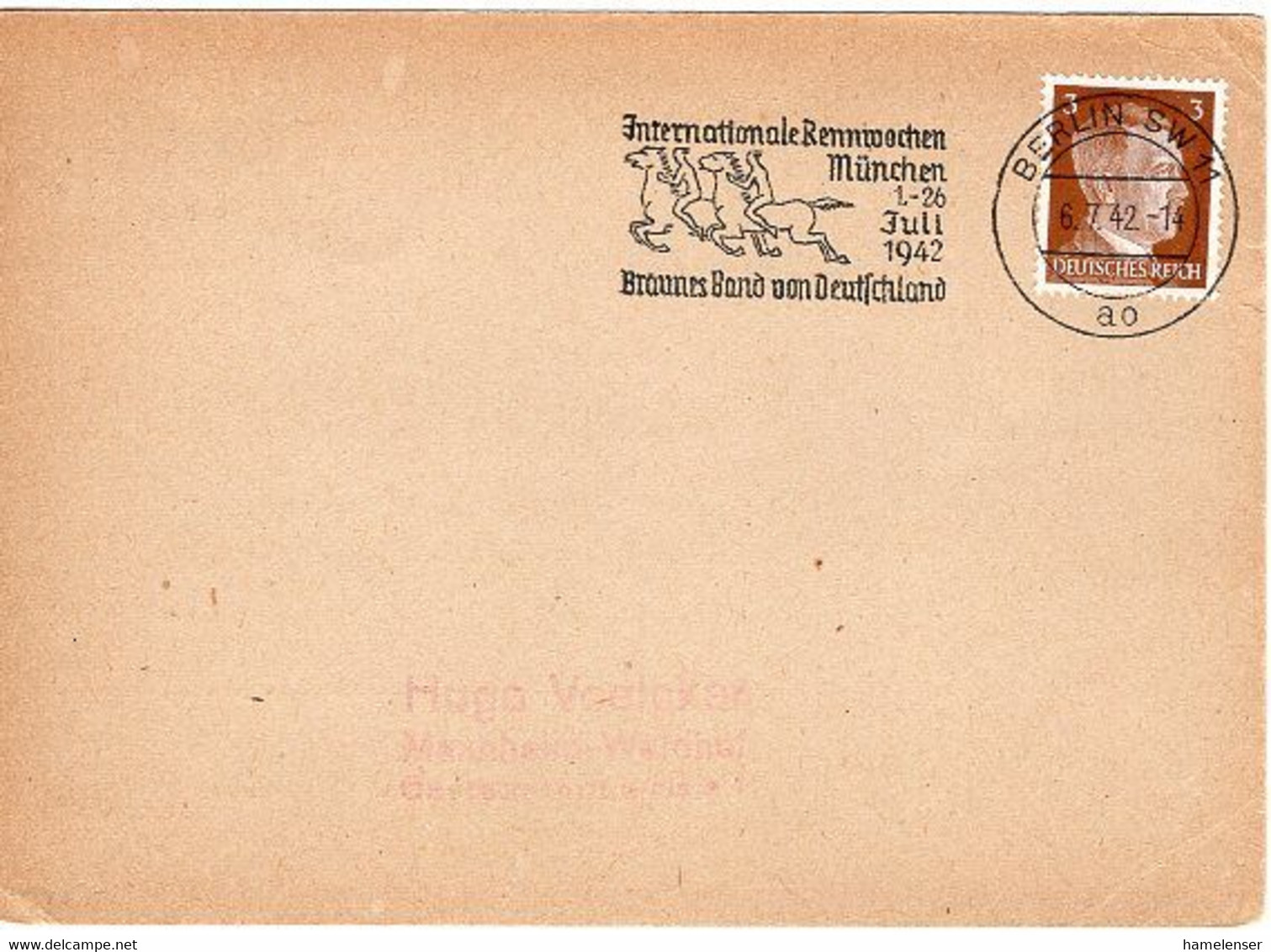 50437 - Deutsches Reich - 1942 - 3Pfg. Hitler EF A. DrucksKte. MaschStpl. BERLIN - ... RENNWOCHEN .... -> Mannheim - Reitsport