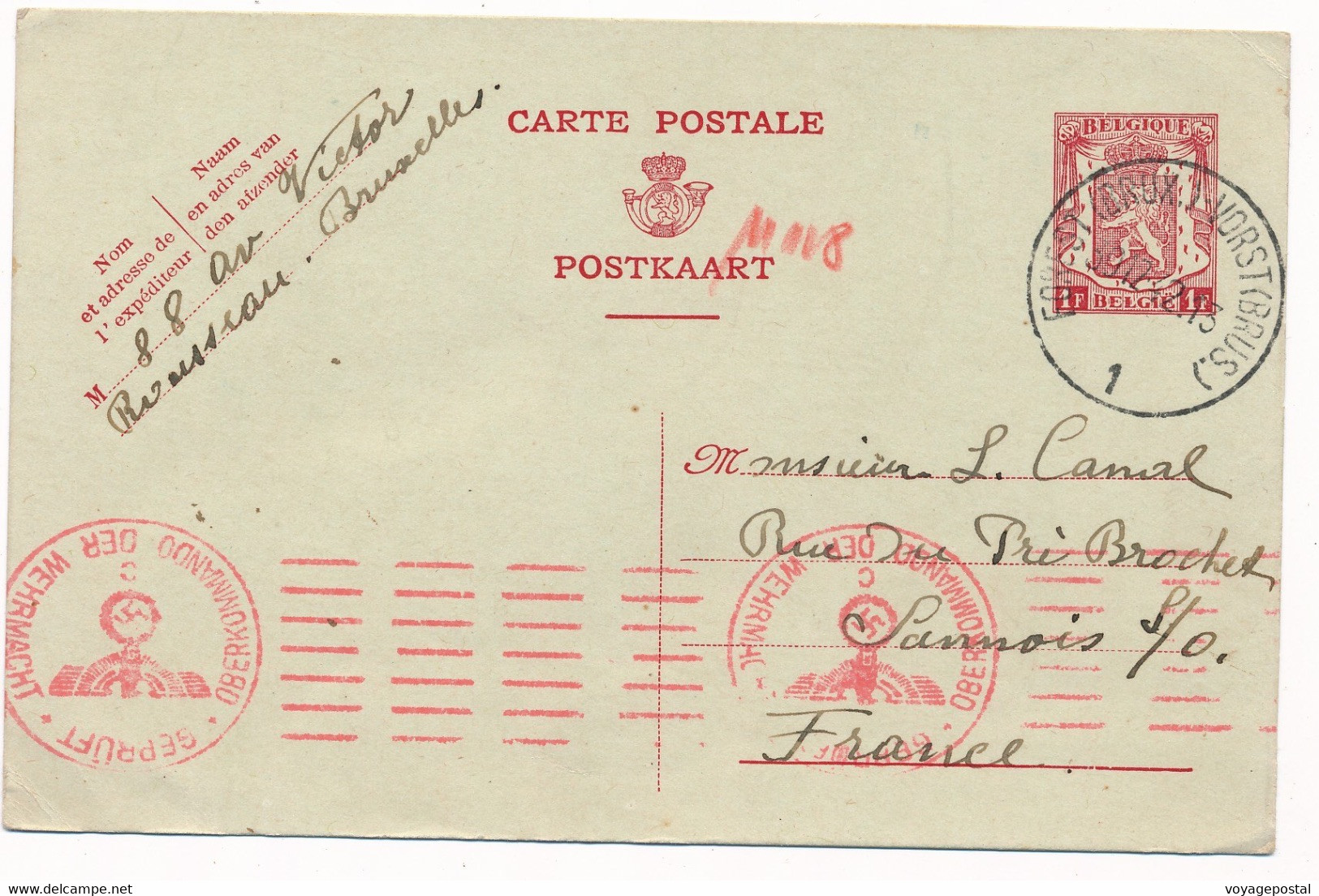 CARTE POSTAL ENTIER CACHET FOREST CENSURE ALLEMANDE BELGIQUE WWII - Guerre 40-45 (Lettres & Documents)