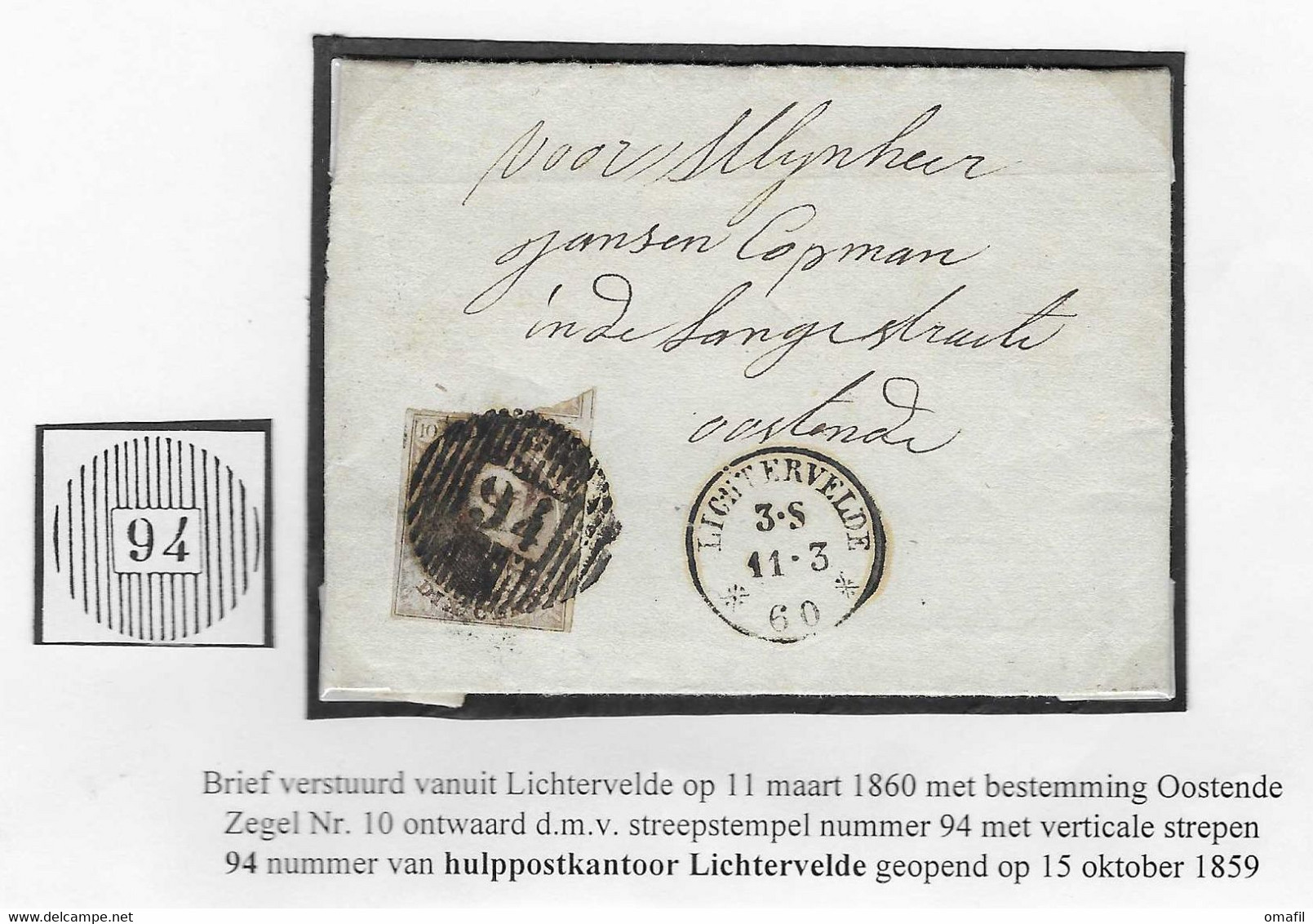 Brief Uit Hulppostkantoor Lichtervelde Naar Oostende 11 Maart 1860 - 1858-1862 Medaillen (9/12)
