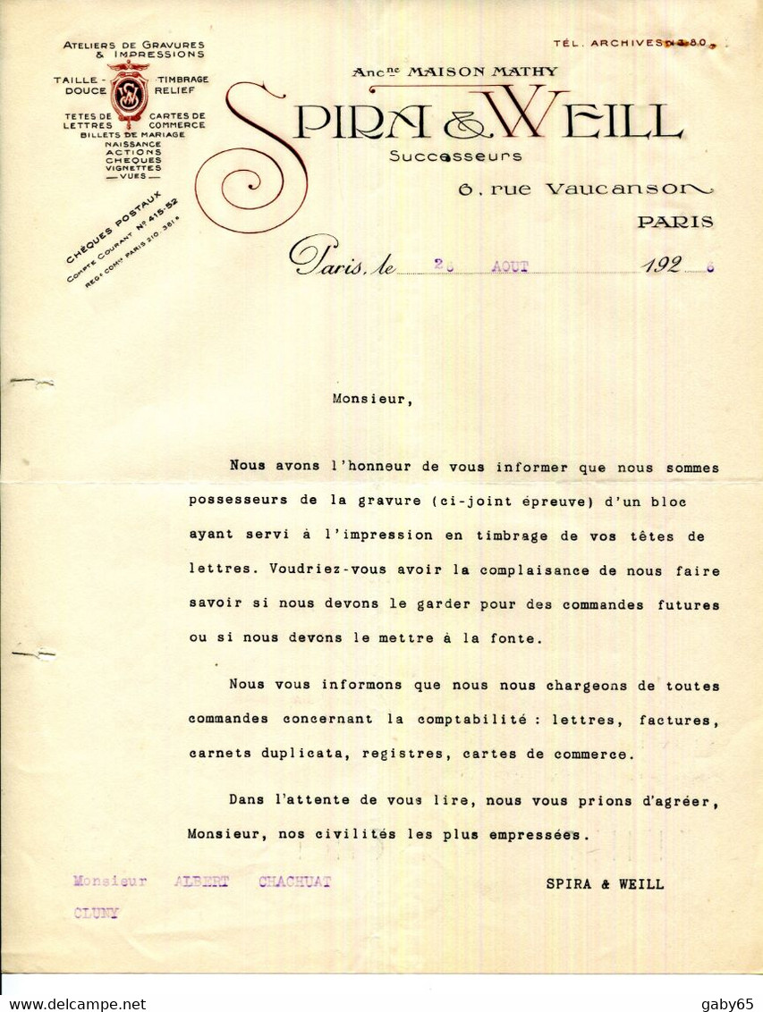 FACTURE.PARIS.ATELIERS DE GRAVURES & IMPRESSIONS.TAILLE DOUCE.TIMBRAGE RELIEF.SPIRA & WEILL 6 RUE VAUCANSON. - Druck & Papierwaren