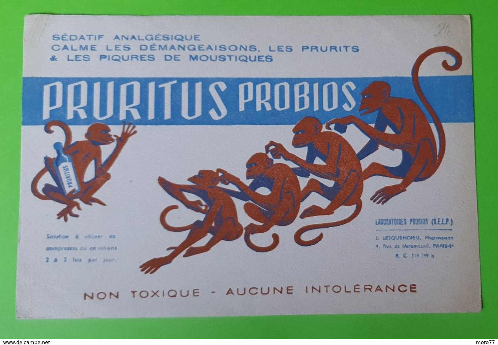 Buvard 660 - Laboratoire Probios - Singe Sédatif Pruritus - Etat D'usage : Voir Photos - 21x14 Cm Environ - Année 1960 - Produits Pharmaceutiques