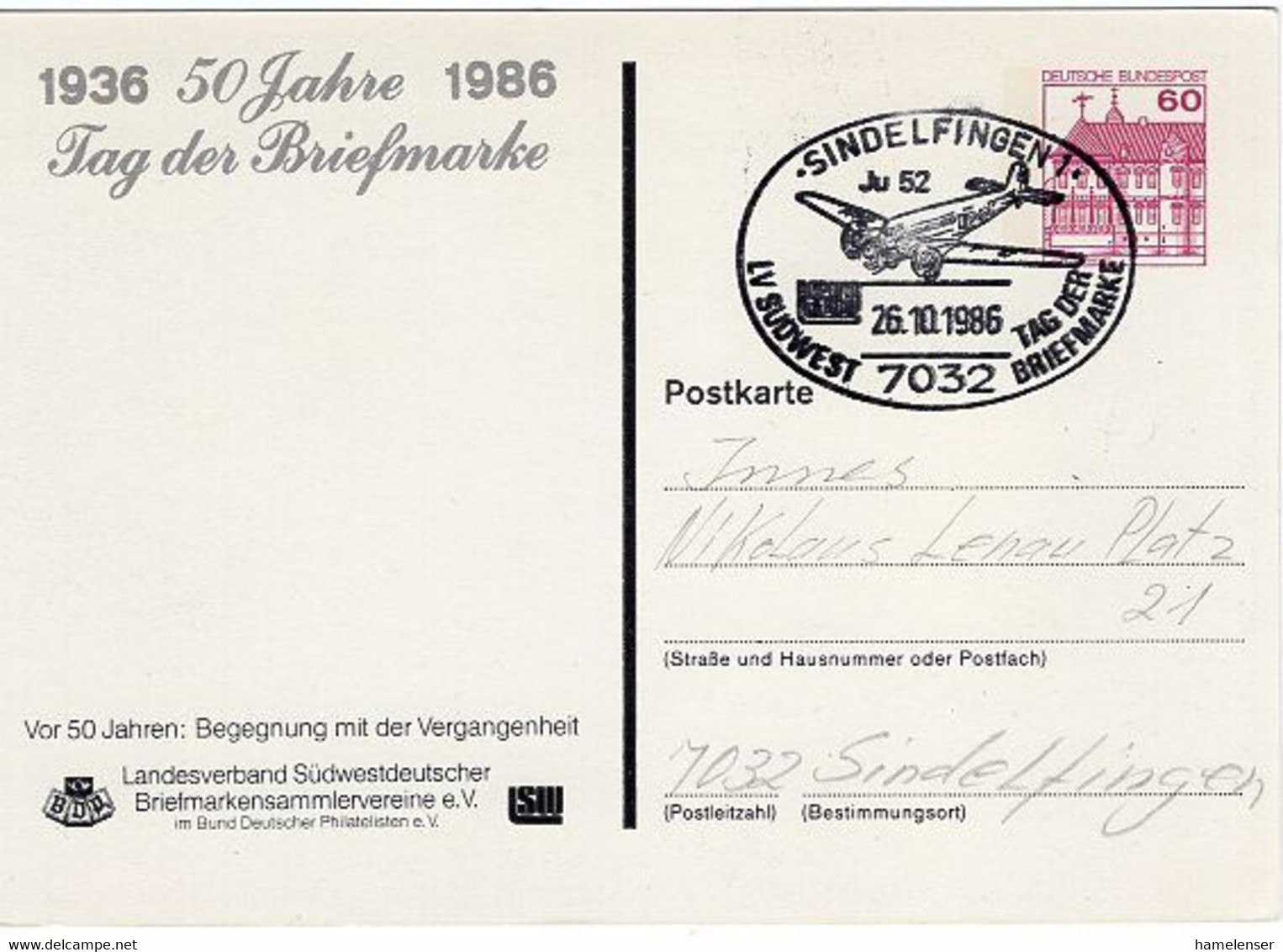 50495 - Bund - 1986 - 60Pfg. B&S PGAKte. "Tag Der Briefmarke" SoStpl. SINDELFINGEN - TAG DER BRIEFMARKE -> Sindelfingen - Aerei