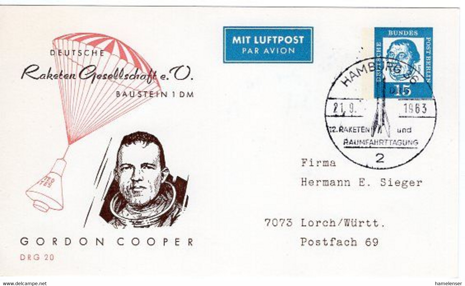 50497 - Berlin - 1963 - 15Pfg. Luther PGALpKte. "Gordon Cooper" SoStpl. HAMBURG - RAUMFAHRTTAGUNG -> Lorch - Europa