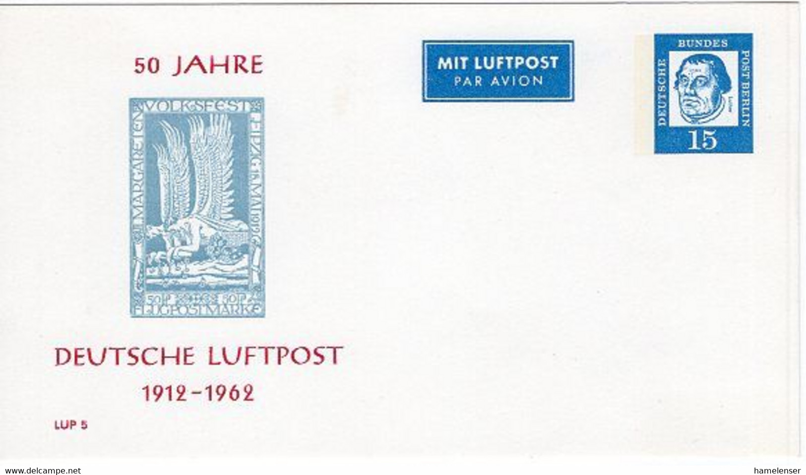 50501 - Berlin - 1962 - 15Pfg. Luther PGALpKte. "50 Jahre Deutsche Luftpost", Ungebr. - Post