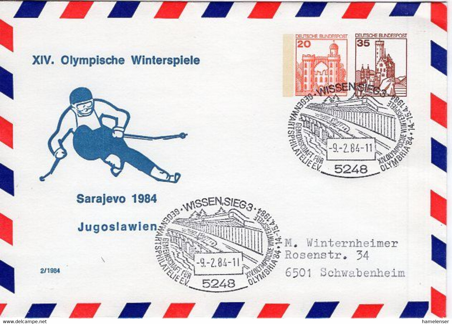 50505 - Bund - 1984 - 20&35Pfg. B&S PGALpUmschl. "Sarajevo '84" SoStpl. WISSEN - ... -> Schwabenheim - Winter 1984: Sarajevo