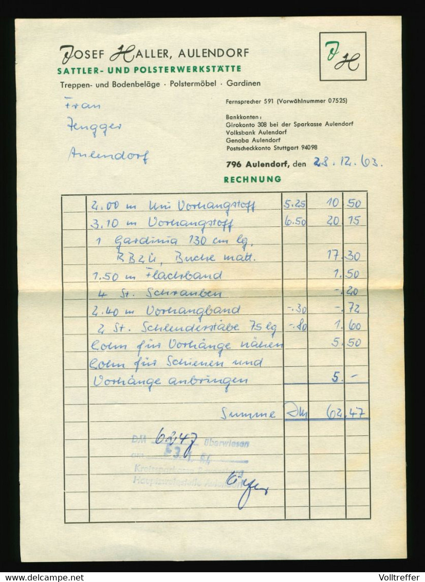 Rechnung 1963 Josef Haller Aulendorf LK Ravensburg, Sattler Und Polsterwerkstätte - 1950 - ...