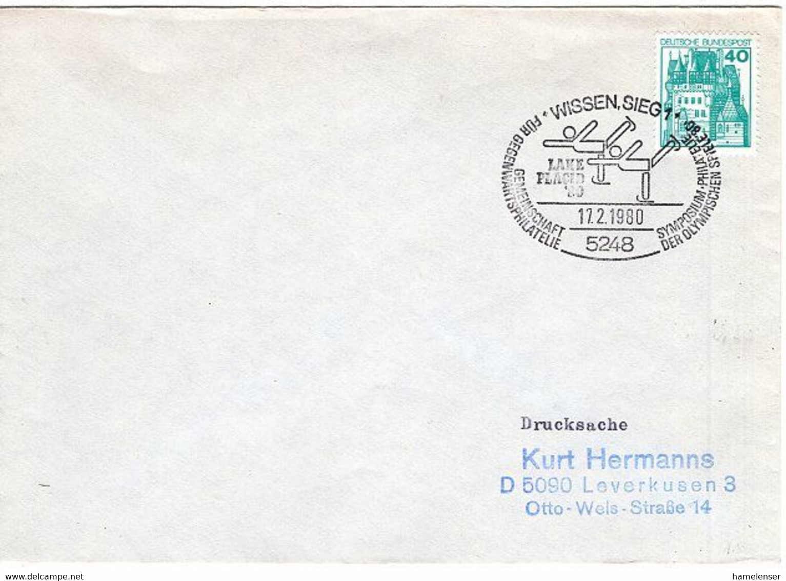 50506 - Bund - 1980 - 40Pfg. B&S EF A. DrucksBf. SoStpl. WISSEN - LAKE PLACID '80 ... -> Leverkusen - Winter 1980: Lake Placid