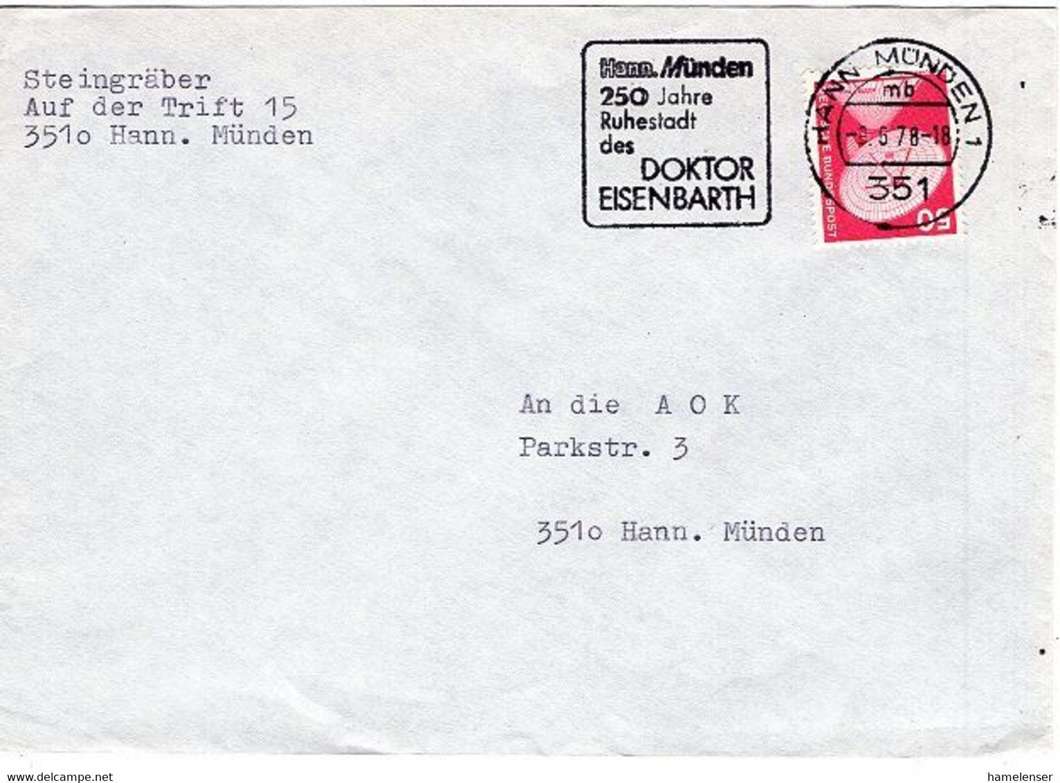 50510 - Bund - 1978 - 50Pfg. I&T EF A. Bf. MaschStpl. HANN. MUENDEN - ... DOKTOR EISENBARTH -> Hann. Muenden - Geneeskunde