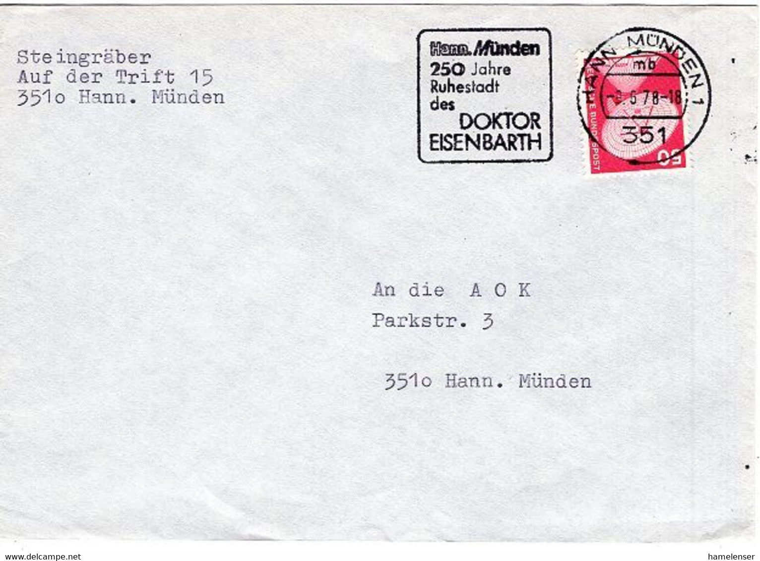 50510 - Bund - 1978 - 50Pfg. I&T EF A. Bf. MaschStpl. HANN. MUENDEN - ... DOKTOR EISENBARTH -> Hann. Muenden - Médecine