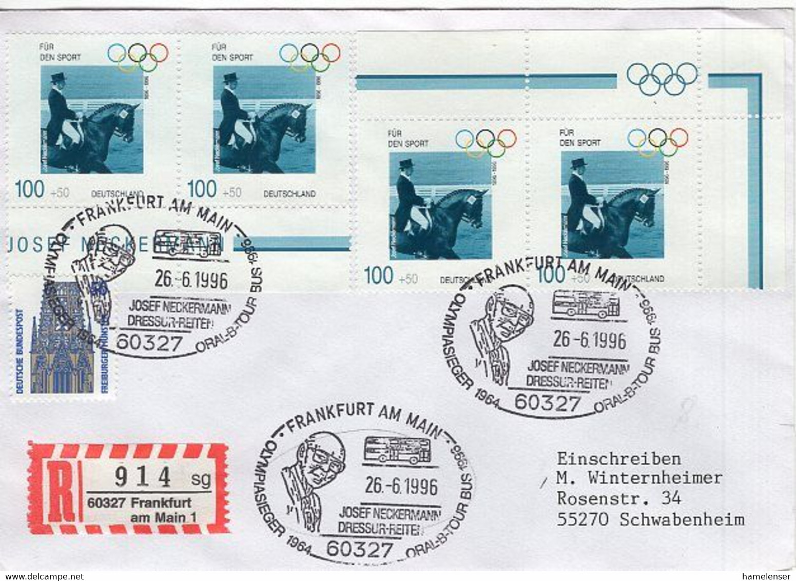 50514 - Bund - 1996 - 4@100Pfg. Sport '96 MiF A. R-Bf. SoStpl. FRANKFURT - JOSEF NECKERMANN ... -> Schwabenheim - Verano 1964: Tokio