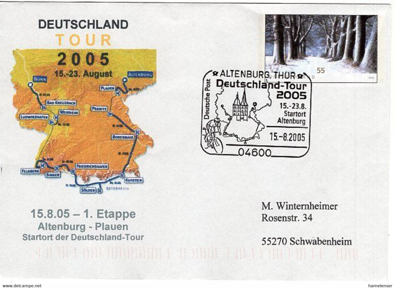 50516 - Bund - 2005 - 55c. Plusbrief "Winter" M. SoStpl. ALTENBURG - DEUTSCHLAND-TOUR 2005 -> Schwabenheim - Cycling