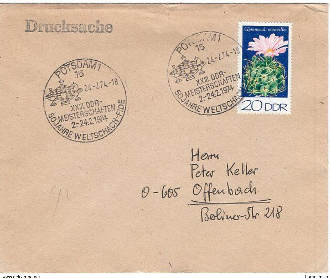 50525 - DDR - 1974 - 20Pfg. Kakteen EF A. DrucksBf. SoStpl. POTSDAM - XXIII. DDR-MEISTERSCHAFTEN ... -> Westdeutschland - Ajedrez