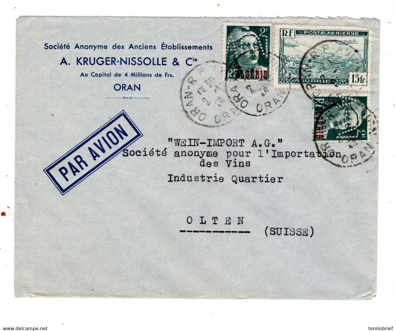 Algerie ,1946 , Perfore " AKN "en 2 Fr. Surchargee , 2 Timbres, Lettre Avion, Perfin Firmenlochung  #1596 - Storia Postale
