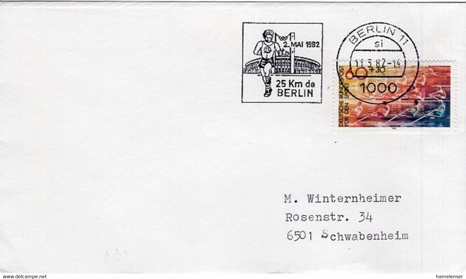 50530 - Bund - 1982 - 60Pfg. Sport EF A. Bf. MaschStpl. BERLIN - 25 KM DE BERLIN -> Schwabenheim - Atletiek