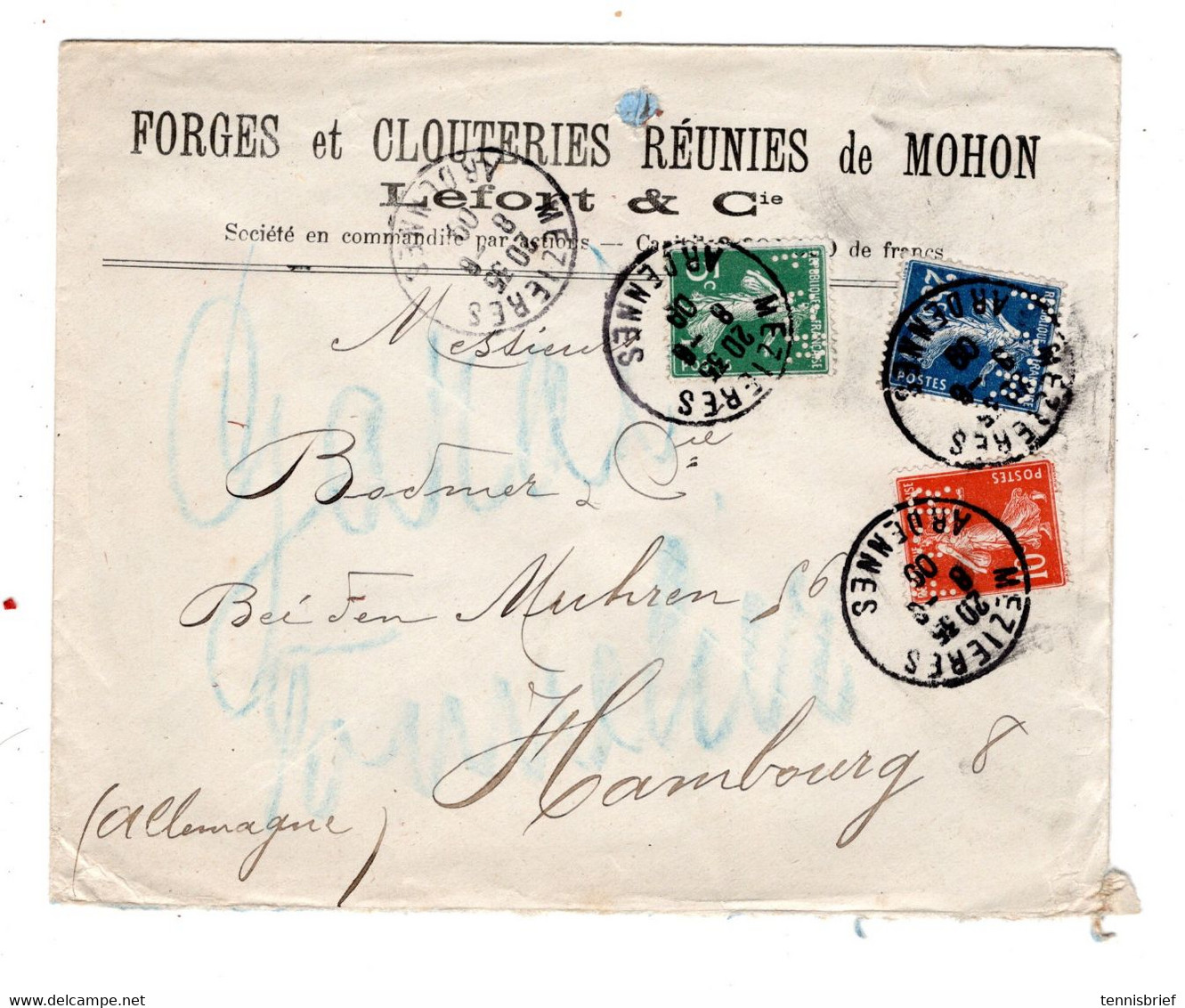 1906 , Perfore " F.C.R. "en 3 Timbres , Lettre Pour Allemagne  #1597 - Brieven En Documenten