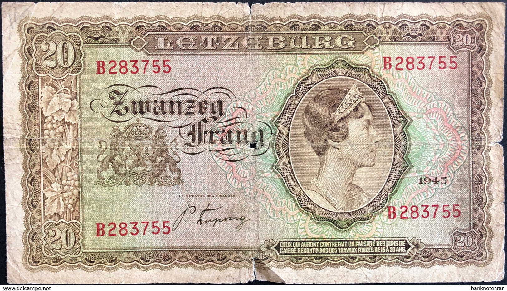 Luxembourg 20 Frang, P-42 (1943) - Good - Luxembourg