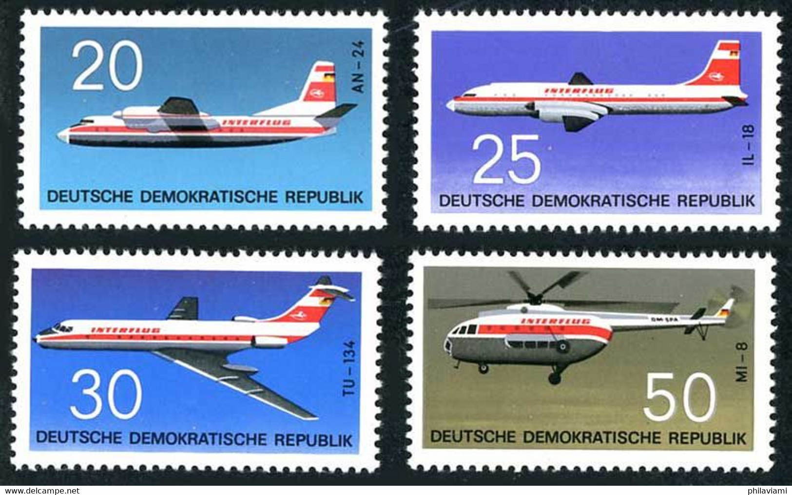 Allemagne Germany Deutschland DDR 1969 Interflug An-24, Mil Mi-8, Tu-134 (YT 1217, Michel 1524, St Gibbons E1245) - Aviones