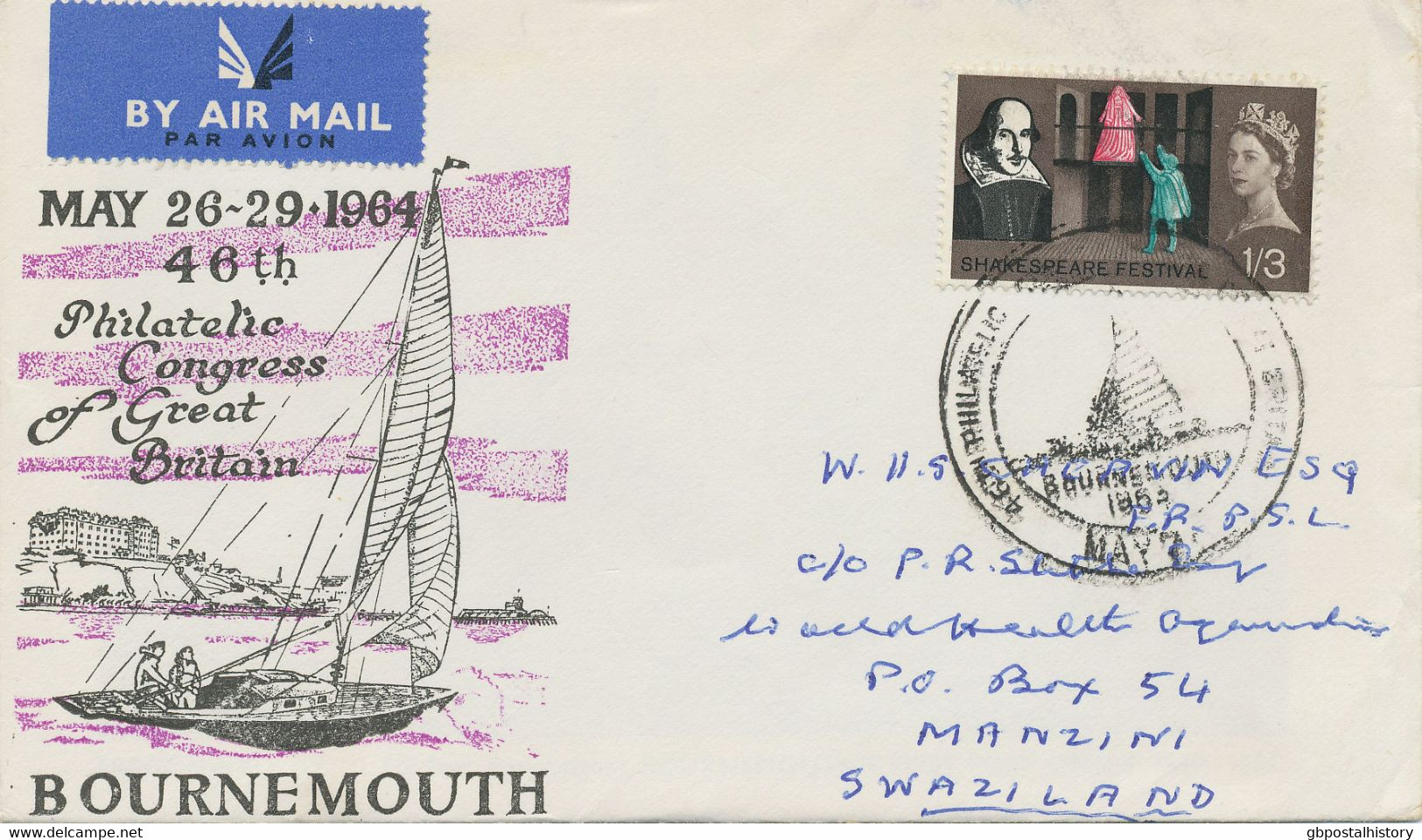 GB 1964 Shakespeare 1/3 Souvenir Cover 46th Philatelic Congress Of Great Britain Bournemouth Superb Airmail Cover To SWA - Brieven En Documenten