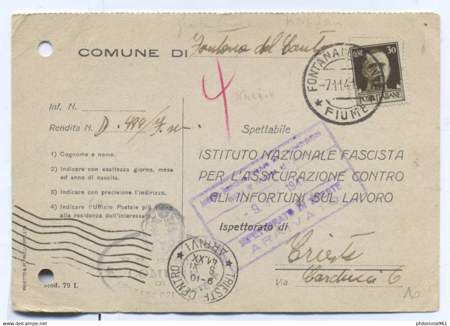 Italy OCCUPATION OF Yugoslavia FIUME POSTAL CARD TO Triest 1941 - Occup. Iugoslava: Fiume