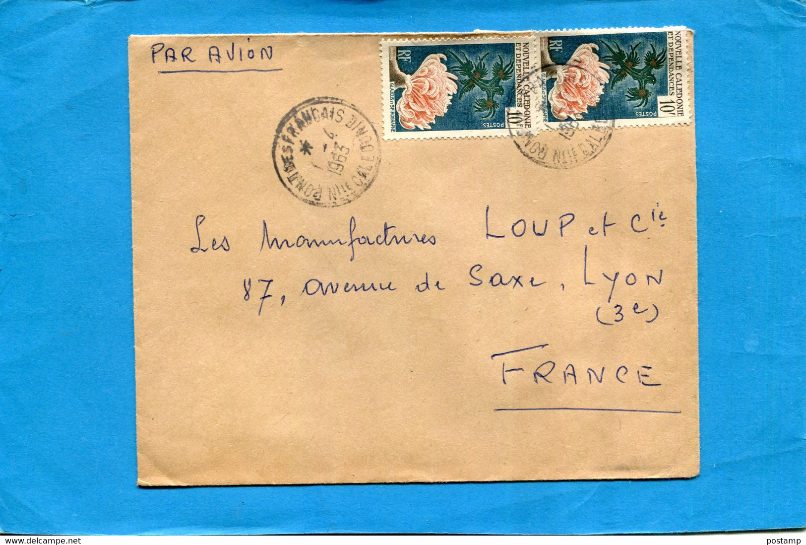 Marcophilie*-lettre-Nouvelle Calédonie>Françe-cadPont Des Français- 1963-thematic-2-stamp-N°293 Glaucus-corail - Briefe U. Dokumente