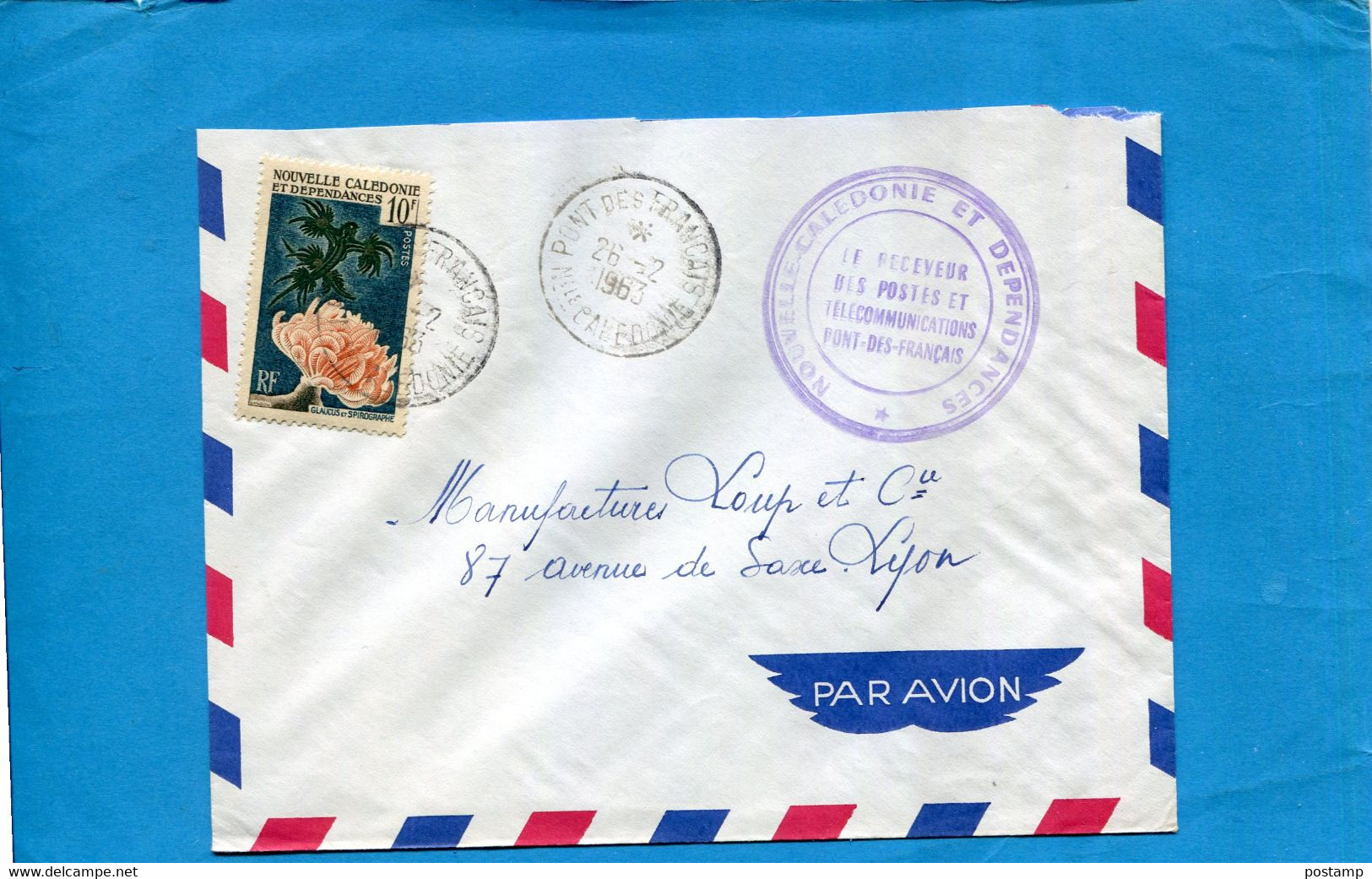 Marcophilie*-lettre-Nouvelle Calédonie>Françe-cadPont Des Français- 1963-thematic--stamp-N°293 Glaucus-corail - Covers & Documents