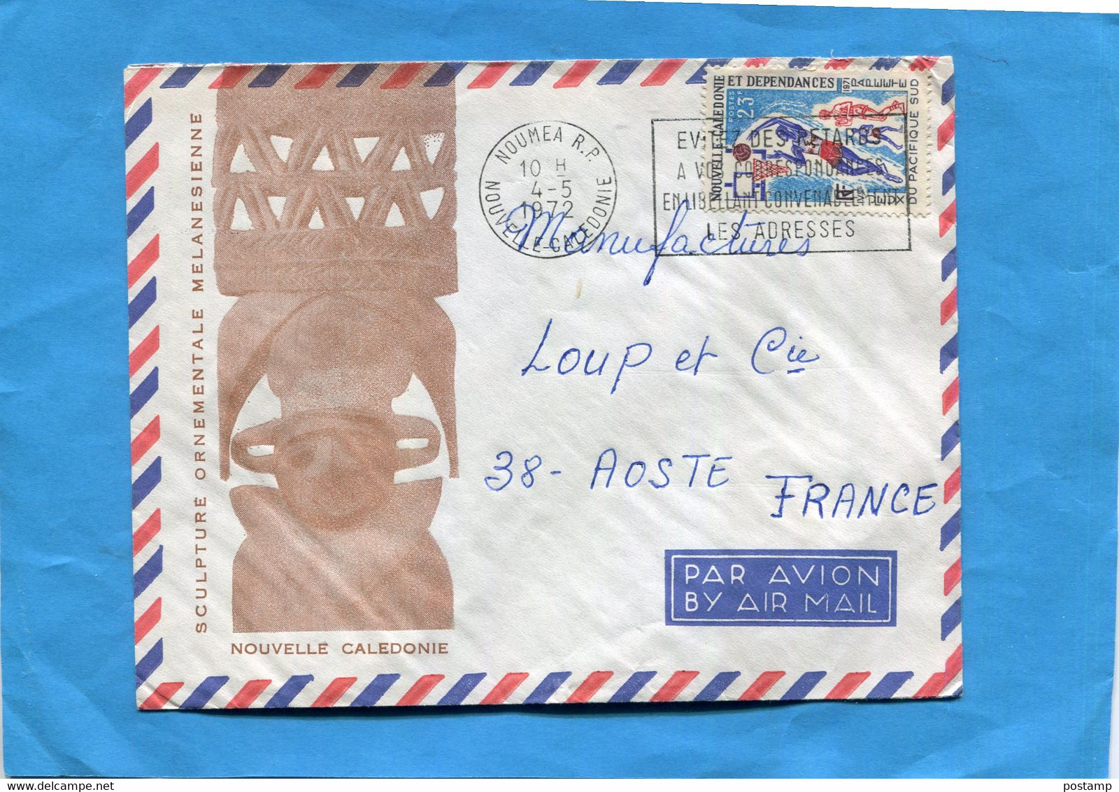 Marcophilie*-lettre-illustrée Sculpture -Nouvelle Calédonie>Françe-cad-1972+flamme -thematic--stamp-N°376 Baskett Ball - Covers & Documents