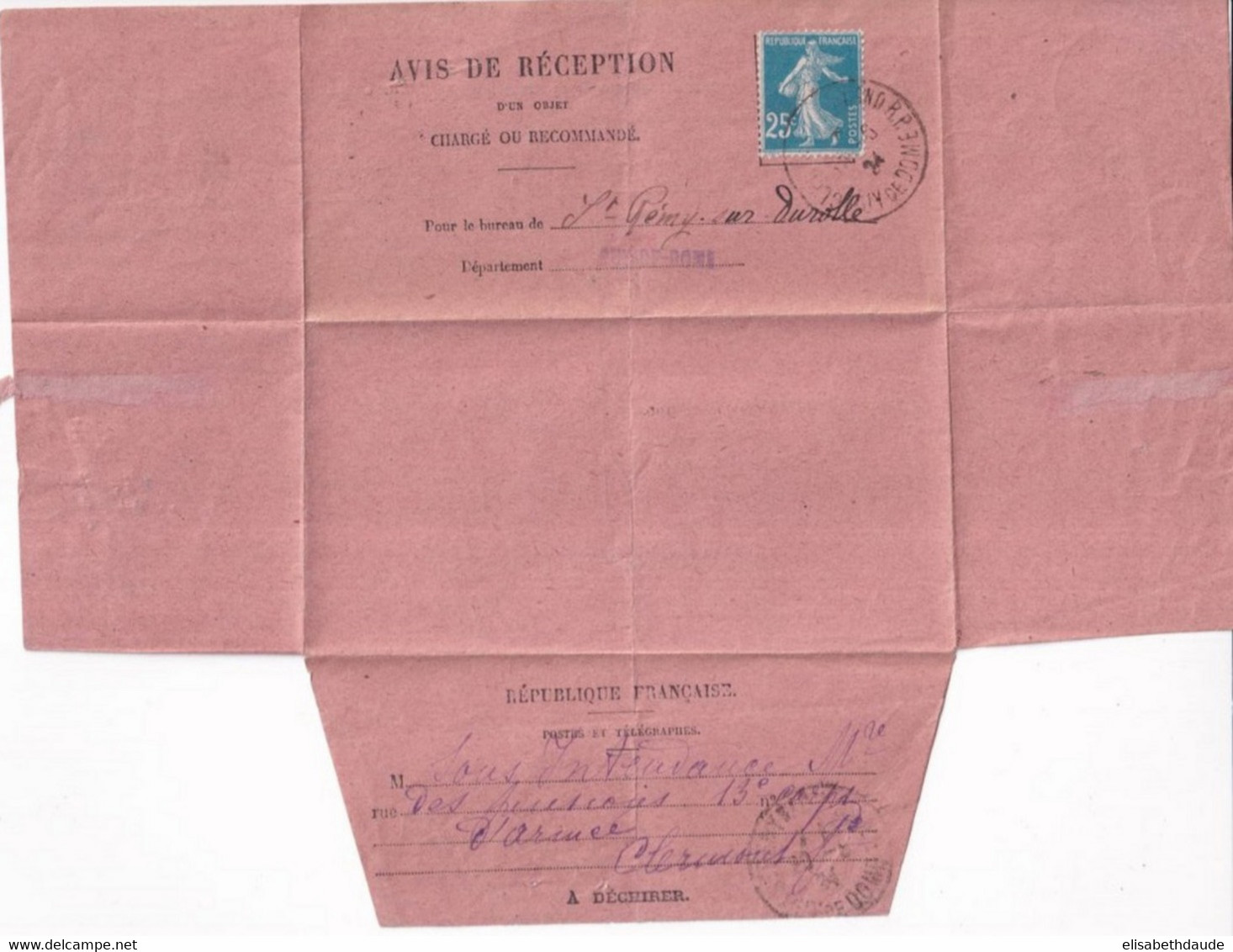 1924 - SEMEUSE Sur AVIS De RECEPTION De RECOMMANDE CLERMONT (INTENDANCE Des ARMEES) => ST REMY SUR DUROLLE (PUY DE DOME) - 1906-38 Semeuse Camée