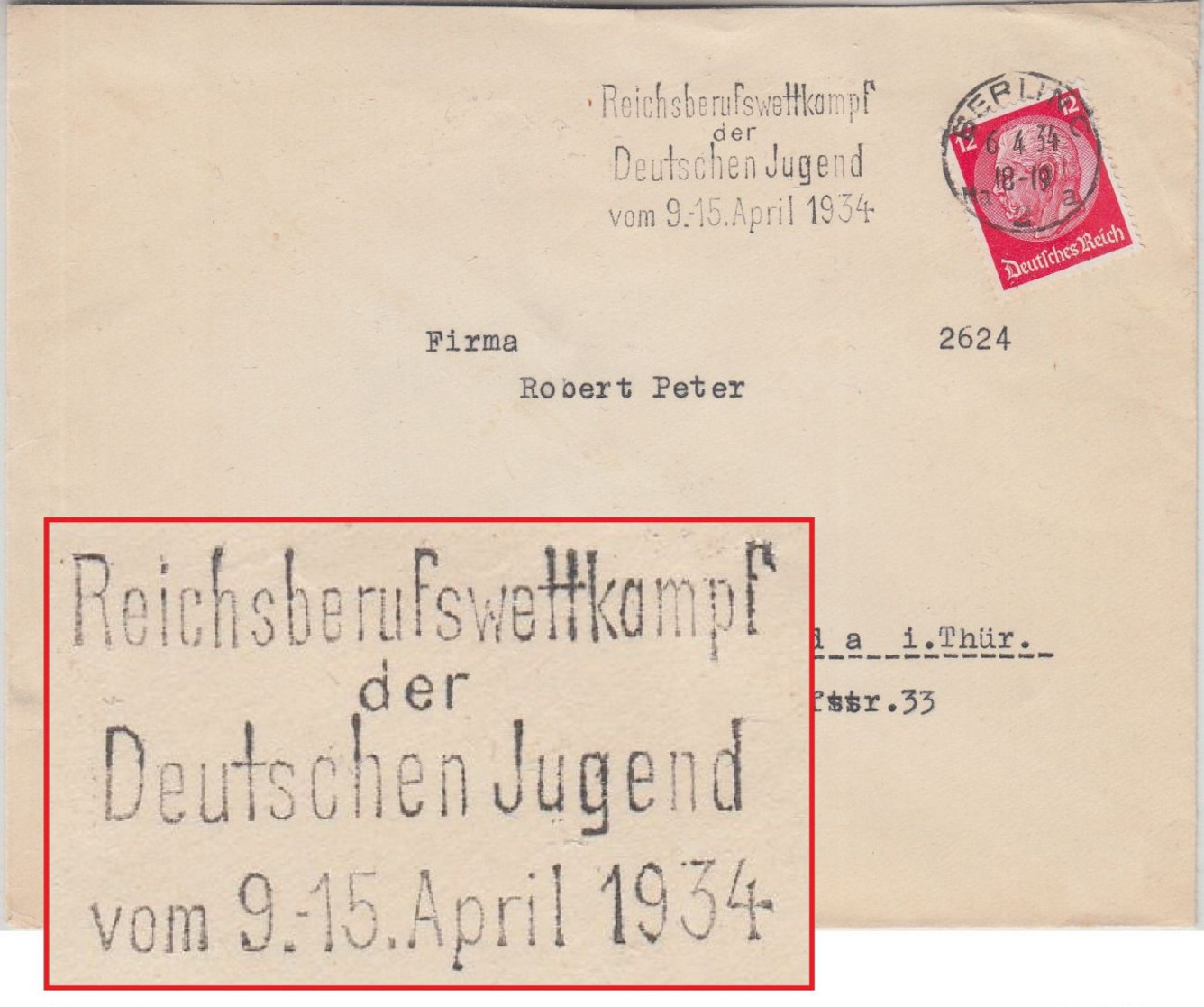 DR - Reichsberufswettkamp D. Deutschen Jugend Masch.werbestpl. Brief Berlin 1934 - Autres & Non Classés