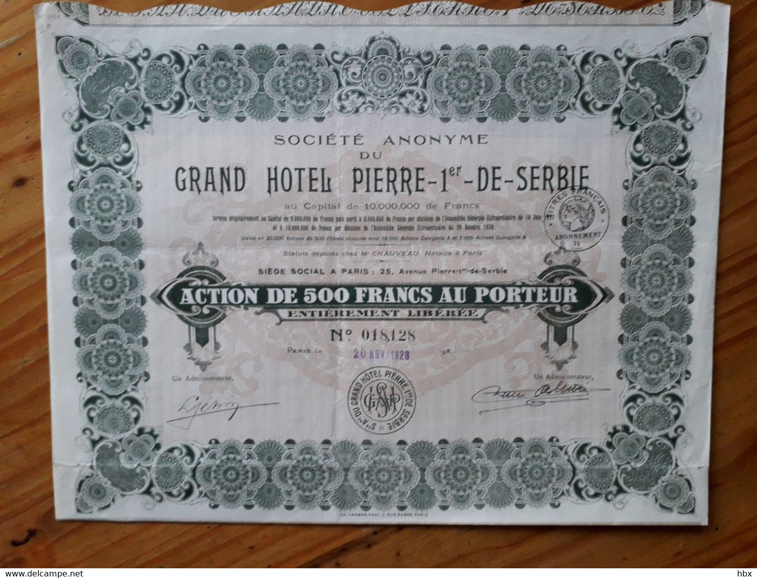 1928 - Société Anonyme Grand Hotel Pierre - 1er - De Serbie - Tourism